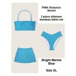 PINK Victoria's Secret XL Bright Marine Blue 3 Piece Shimmer Bandeau Bikini Set